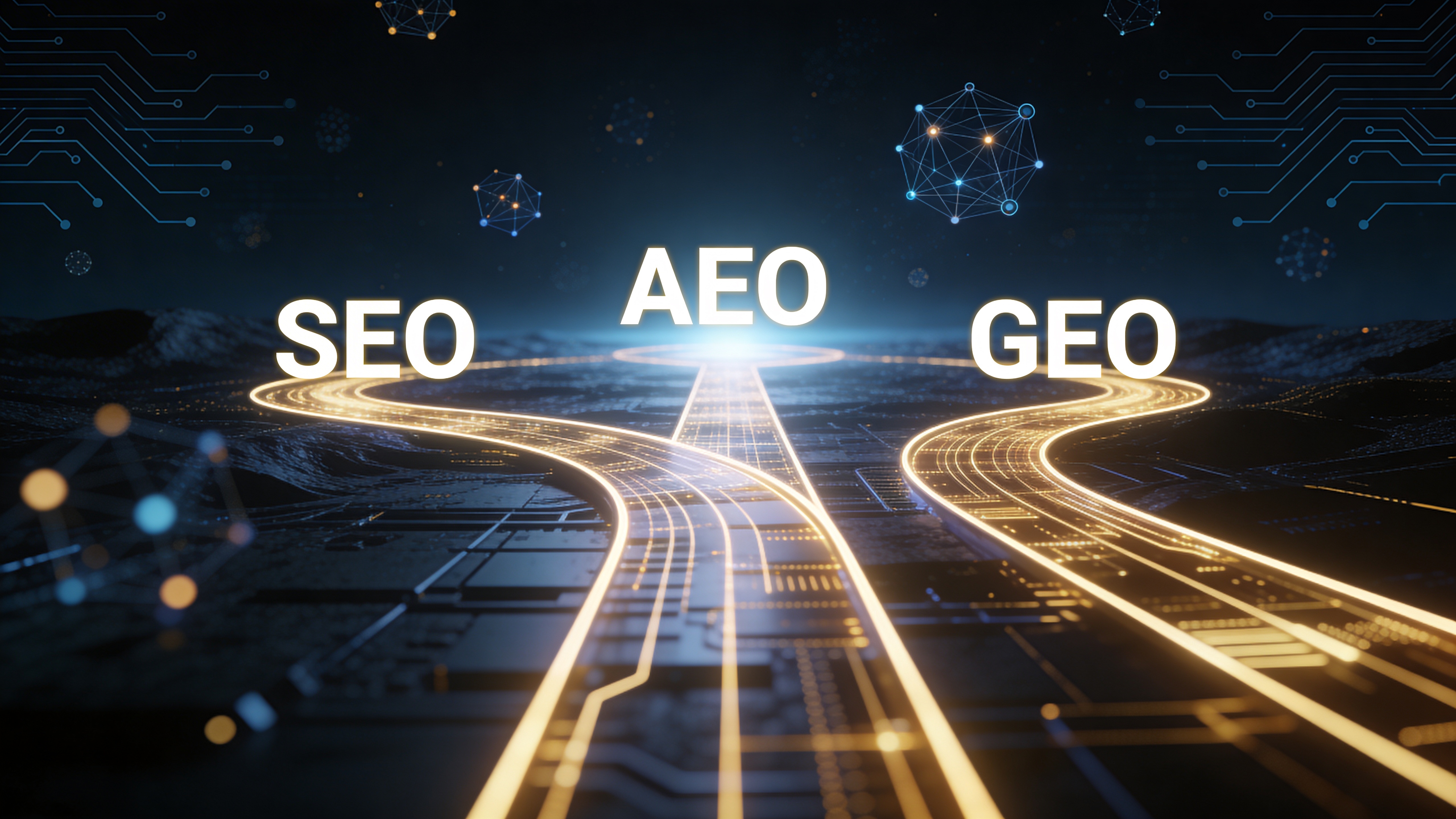 Three glowing pathways labeled SEO, AEO, and GEO converging on a futuristic digital landscape