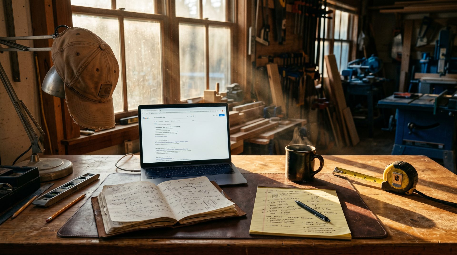 A contractor's home-office desk at golden hour with a laptop open to a search result page, a yellow legal pad with handwritten notes, a tape measure, and a worn baseball cap.