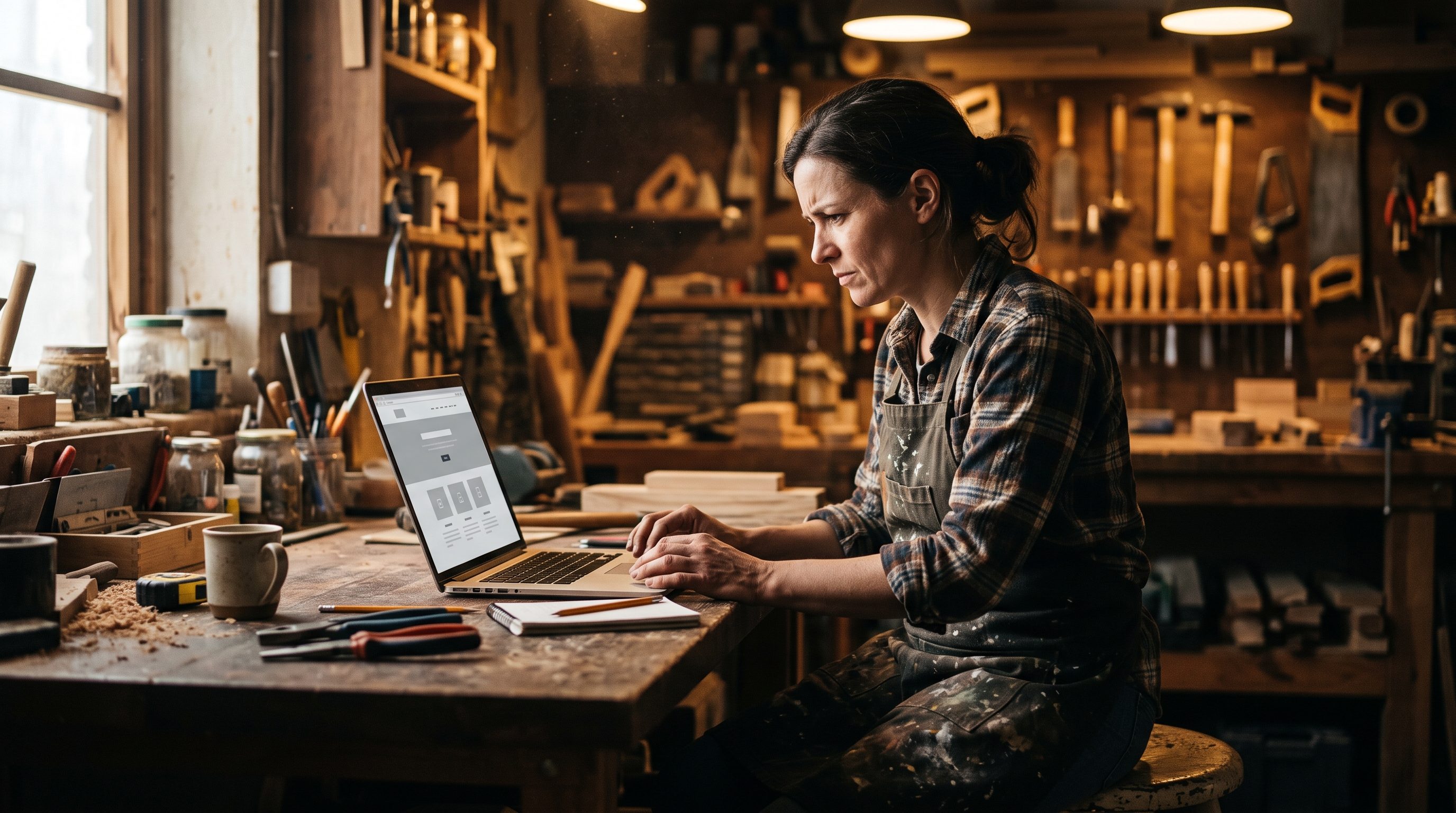 Small business owner comparing a generic AI-built template website on a laptop