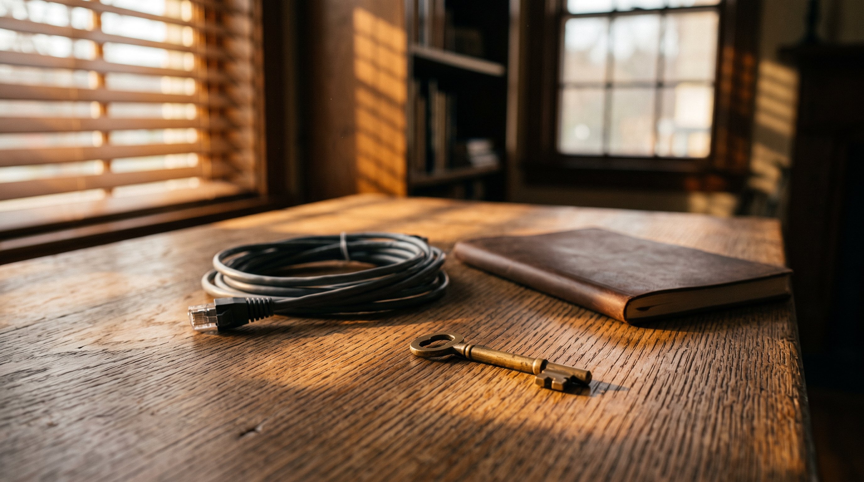 A single brass key and a coiled unplugged ethernet cable on a bare wooden desk in late afternoon light, the question of what a marketing report is actually telling you