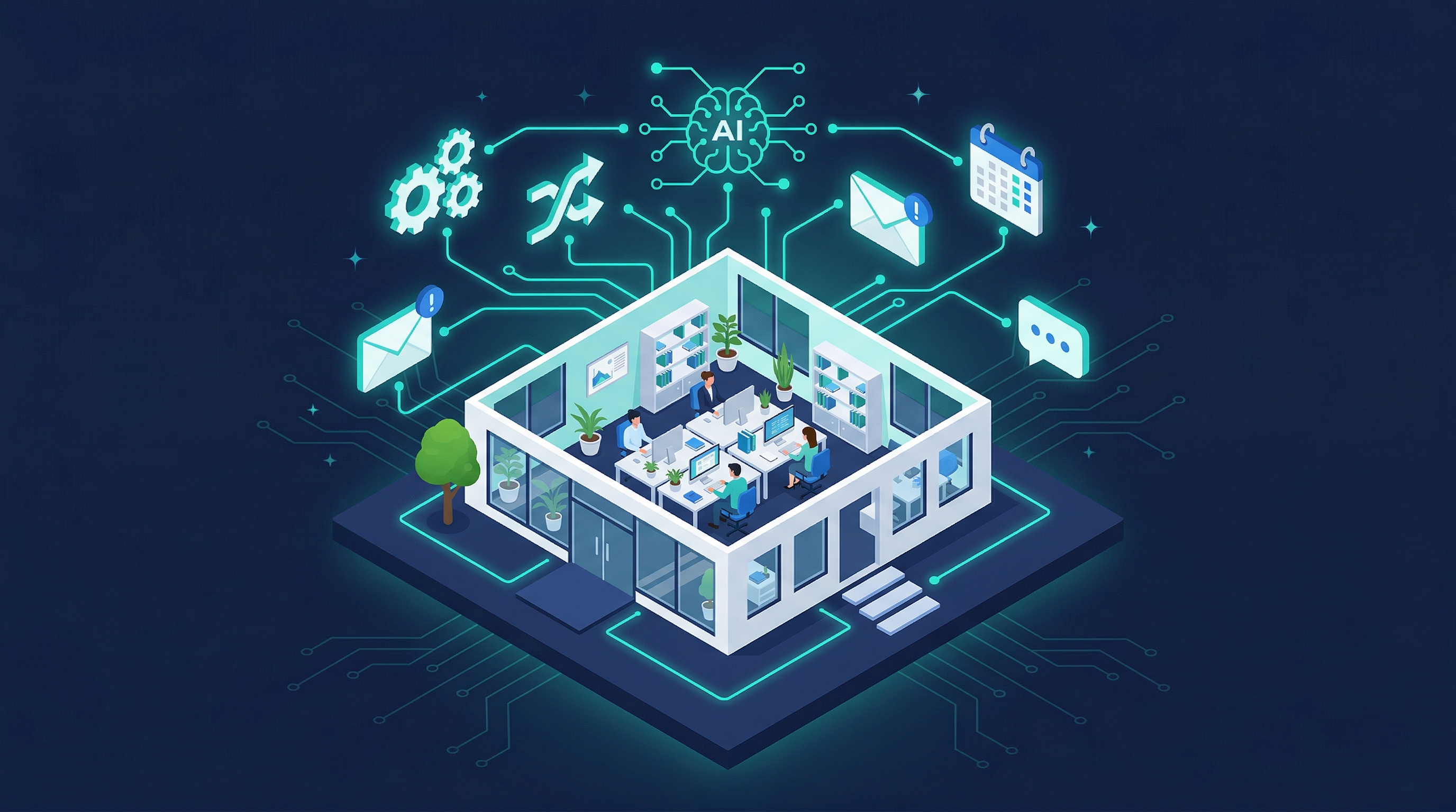Isometric illustration of a small business office with floating automation icons connected by glowing circuit lines