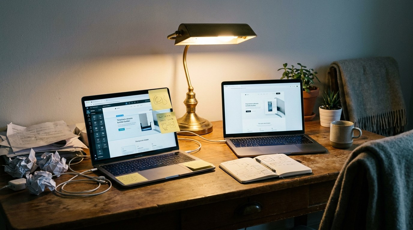 Split-view of a DIY website builder versus a professional designer workspace
