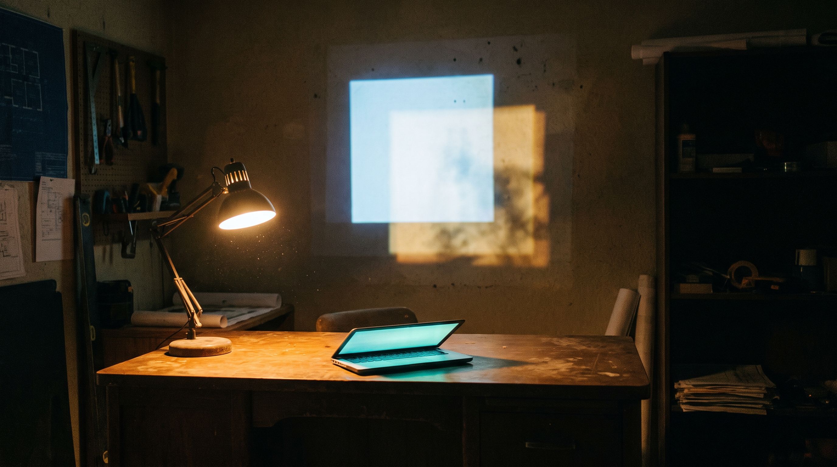 A contractor's late-night workshop desk with a lit lamp, glowing laptop, and blueprints, where you check why ChatGPT confused your business with a competitor.