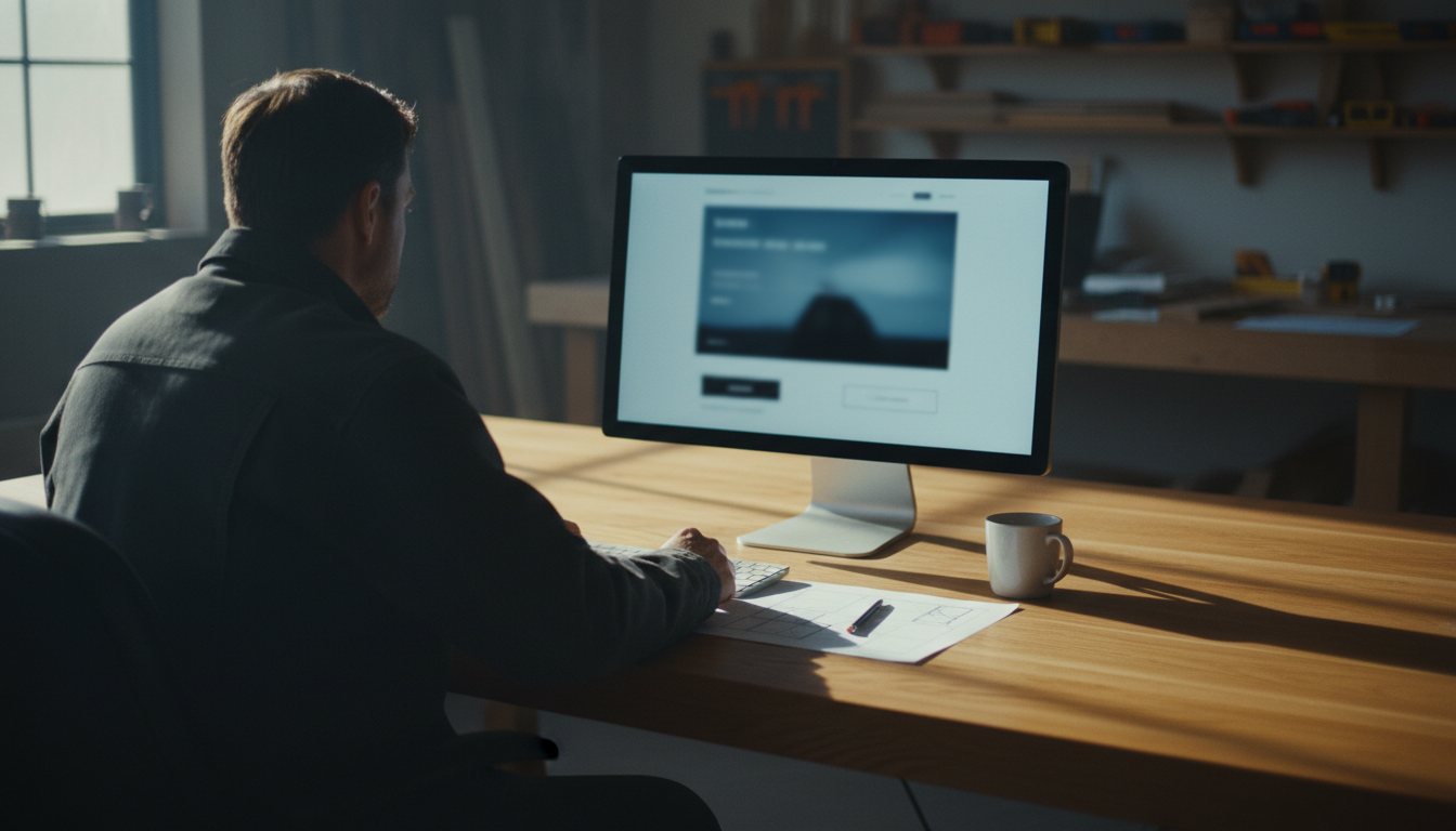 A contractor reviewing his website's homepage hero section on a monitor at a workshop desk in early morning light.