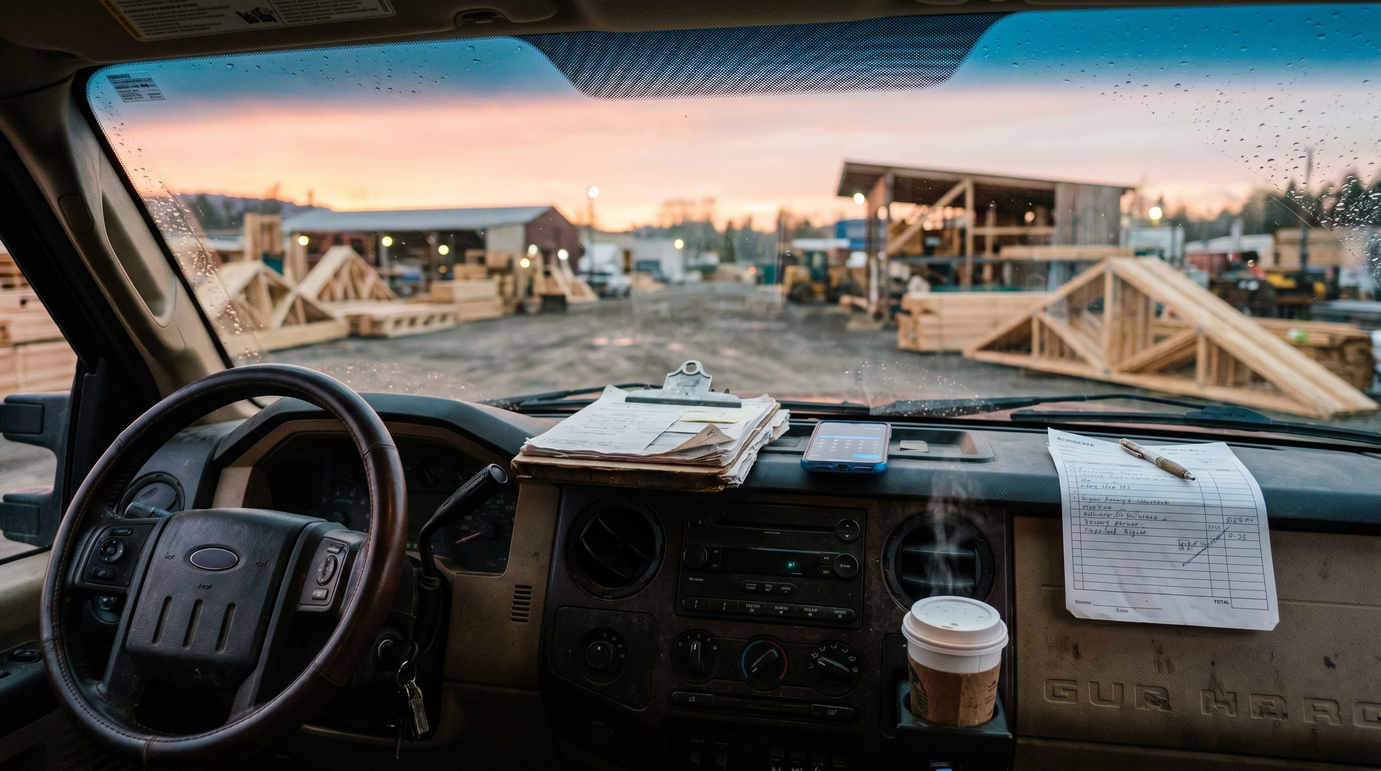 A contractor's pickup truck cab at dawn, the dashboard littered with a clipboard, a phone showing a job-cost calculator, and a fresh coffee from the lumberyard — the moment before the morning's first estimate call.