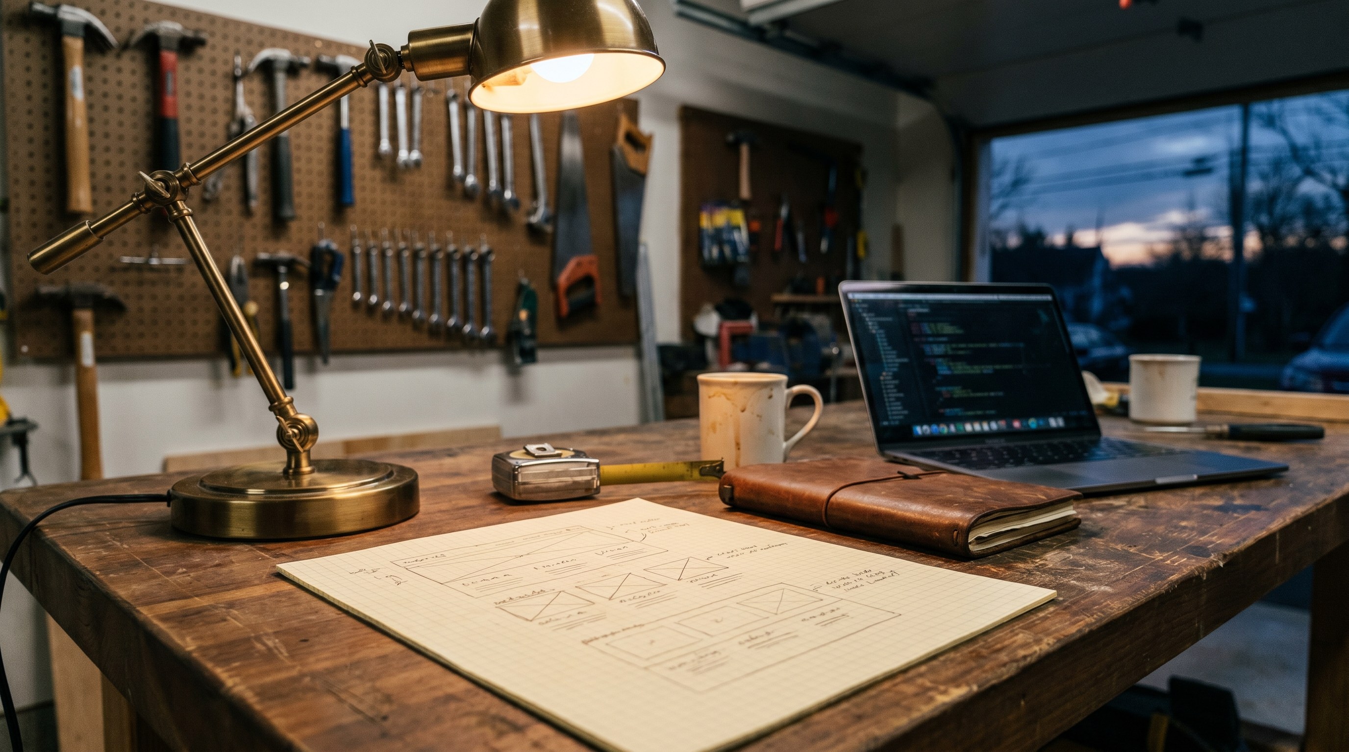 A contractor in work clothes sitting at a worn wooden desk in a Northeast workshop at dusk, sketching website wireframes by hand under warm task lighting.