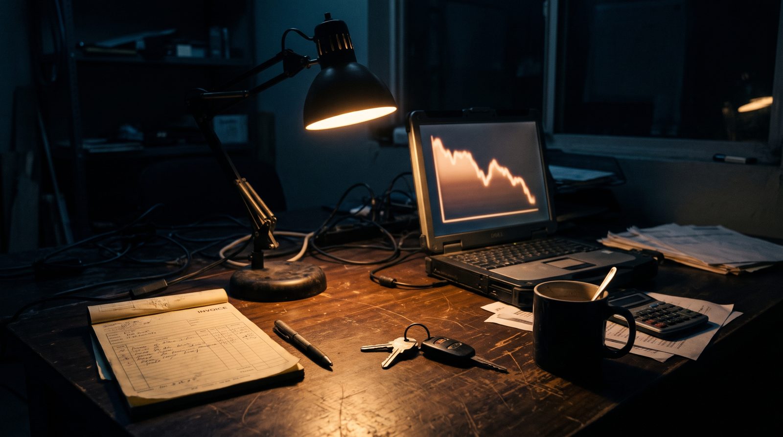 A contractor's desk at night lit by one lamp, a laptop showing a falling traffic line, the moment before diagnosing what caused a search traffic drop