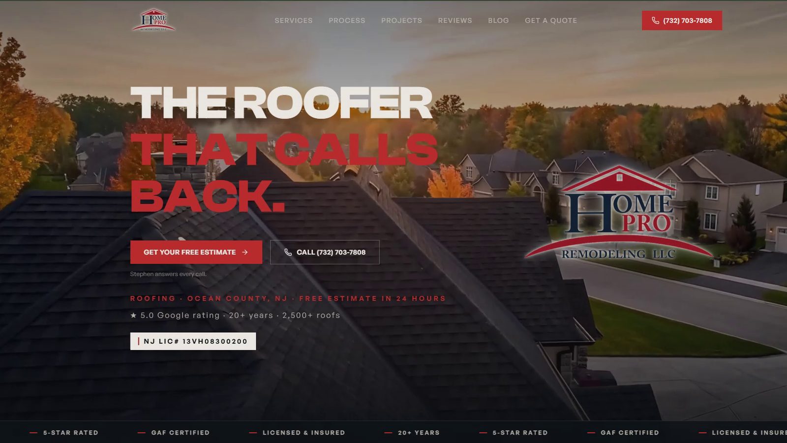 Do I need a website if I get work from referrals: the homepage of an Ocean County NJ roofing contractor we built, with the phone number, license number and 'the roofer that calls back' up front