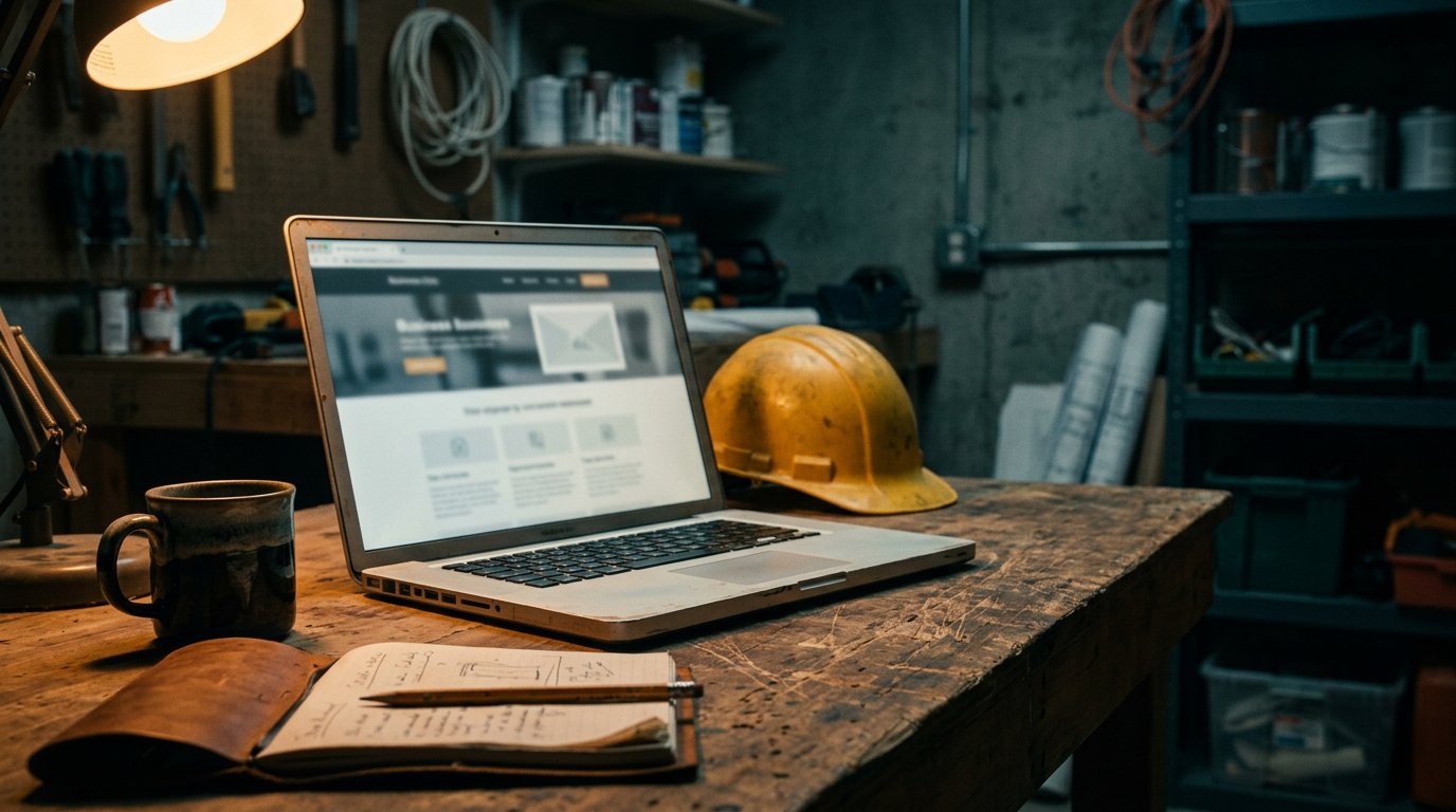 A contractor deciding whether his business website needs a blog, looking at a laptop showing a mostly-empty blog page next to a full service page