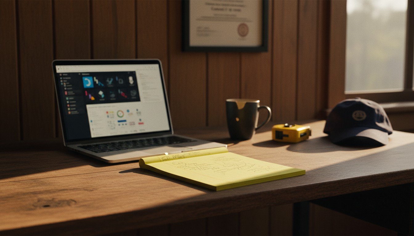 A contractor's home-office desk at golden hour with an open laptop, a yellow legal pad, a coffee mug, a tape measure and a baseball cap