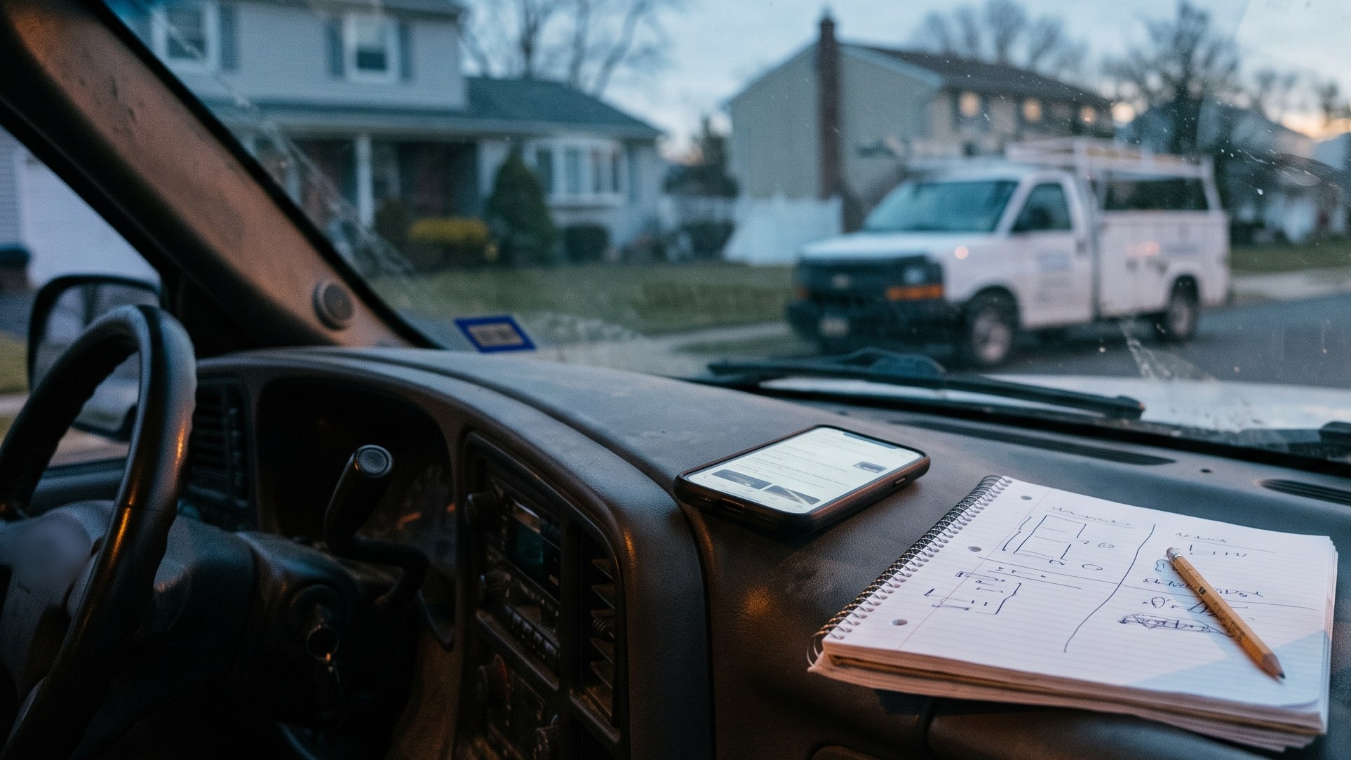Google Ads or SEO first for contractors: a work truck dashboard at dawn with a phone showing search results and a notepad with a budget split, before the first call of the day