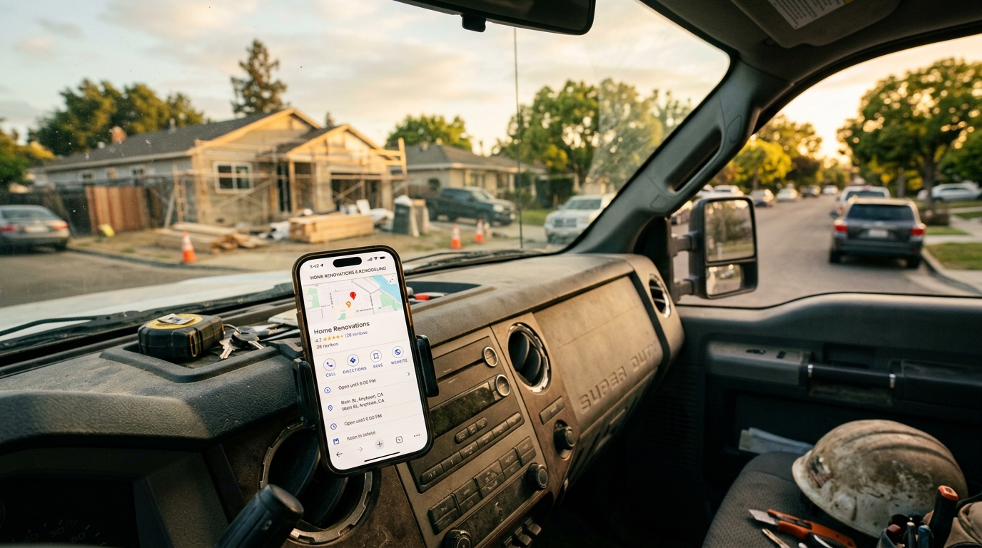 A contractor's Google Business Profile listing showing reviews, photos, and service area on a mobile phone screen