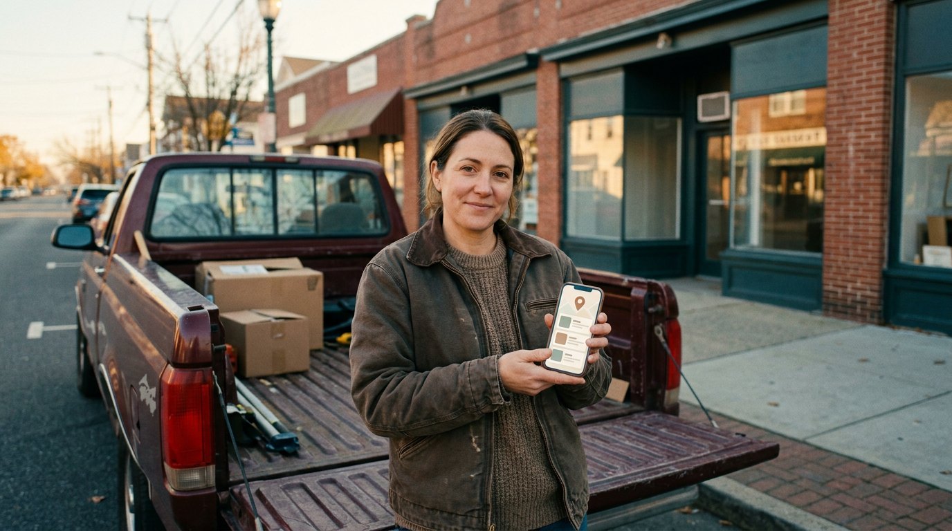 A small business owner standing at the tailgate of a work truck on a New Jersey shore-town main street, holding a phone showing a map pin above three local listing results