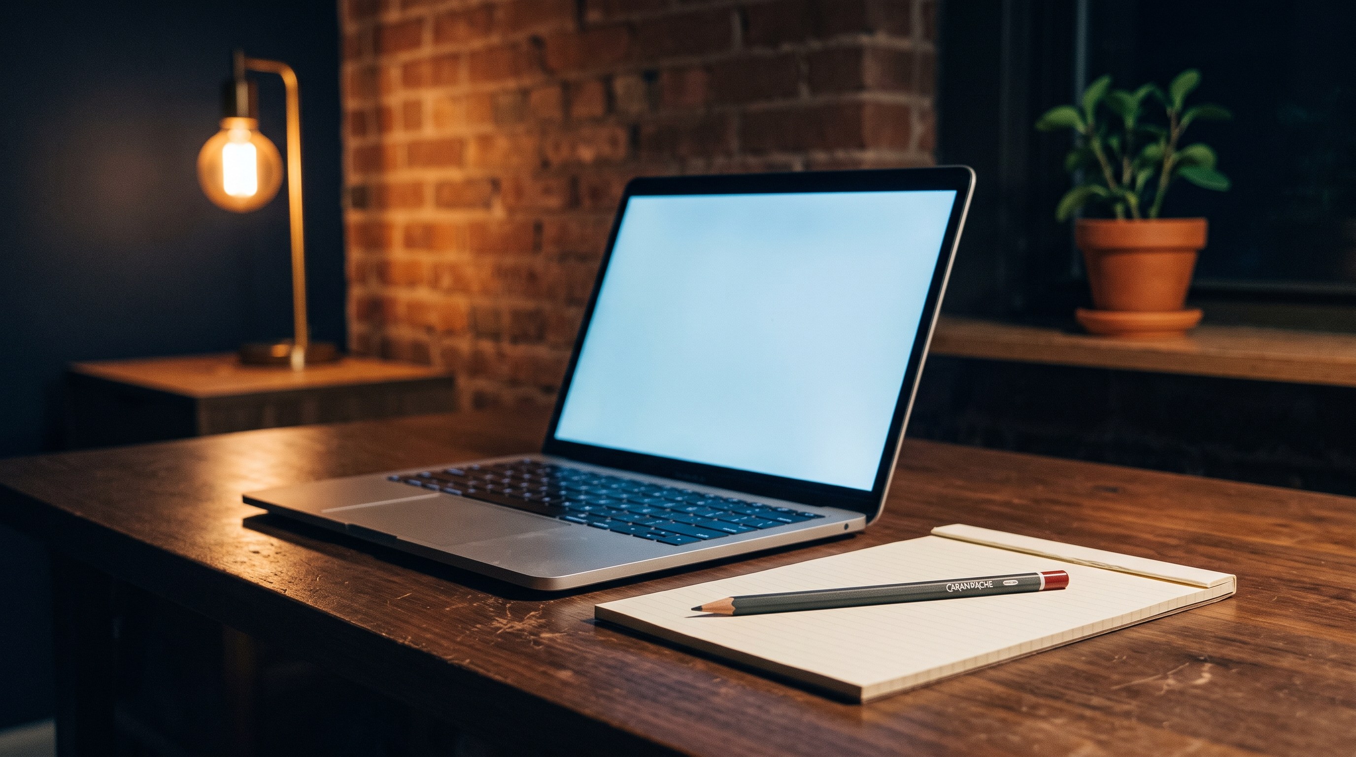 A founder's late-night desk lit by a single warm lamp and the cool wash of a laptop screen, an open notepad and a Caran d'Ache pencil in the foreground — quiet, founder-to-founder.