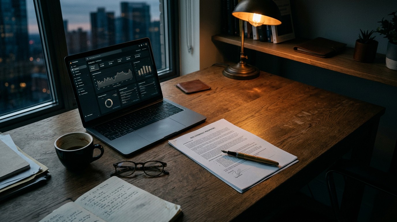 A small business owner reviewing an SEO services proposal contract at a desk before signing, with a laptop showing an analytics dashboard