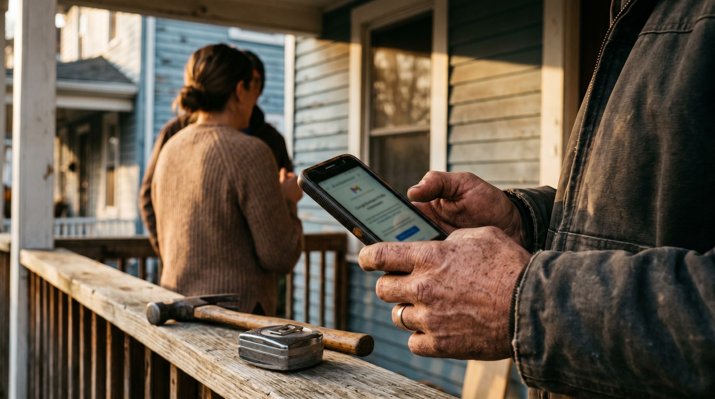 A weathered contractor's hand holding an older Android phone, an open Google Business Profile review request on screen, framing a customer in soft afternoon backlight on a residential porch.