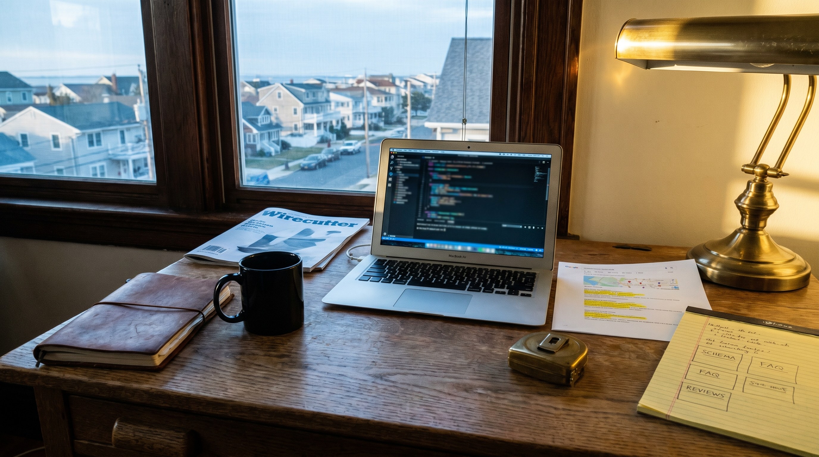 A contractor's home office desk at dawn with a laptop, a printed Google search result with map-pack listings highlighted, a yellow legal pad with hand-drawn schema notes, and a coffee mug, with cold blue morning light coming through a tall window.