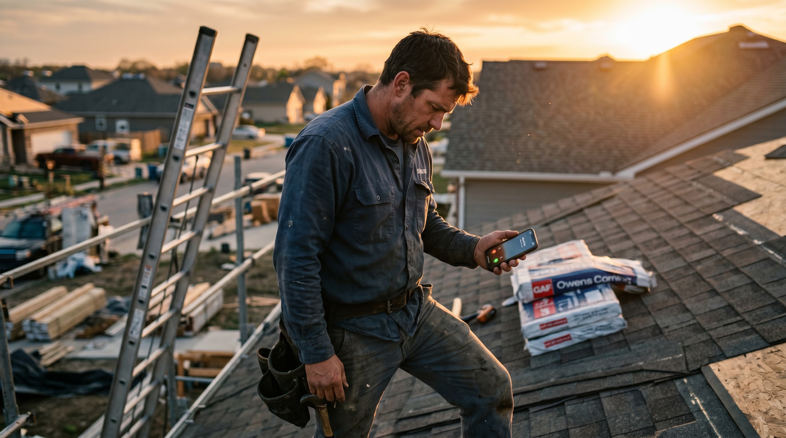 A roofing contractor on a job site at golden hour looking down at a missed call notification on his phone, ladder and shingle bundles behind him.