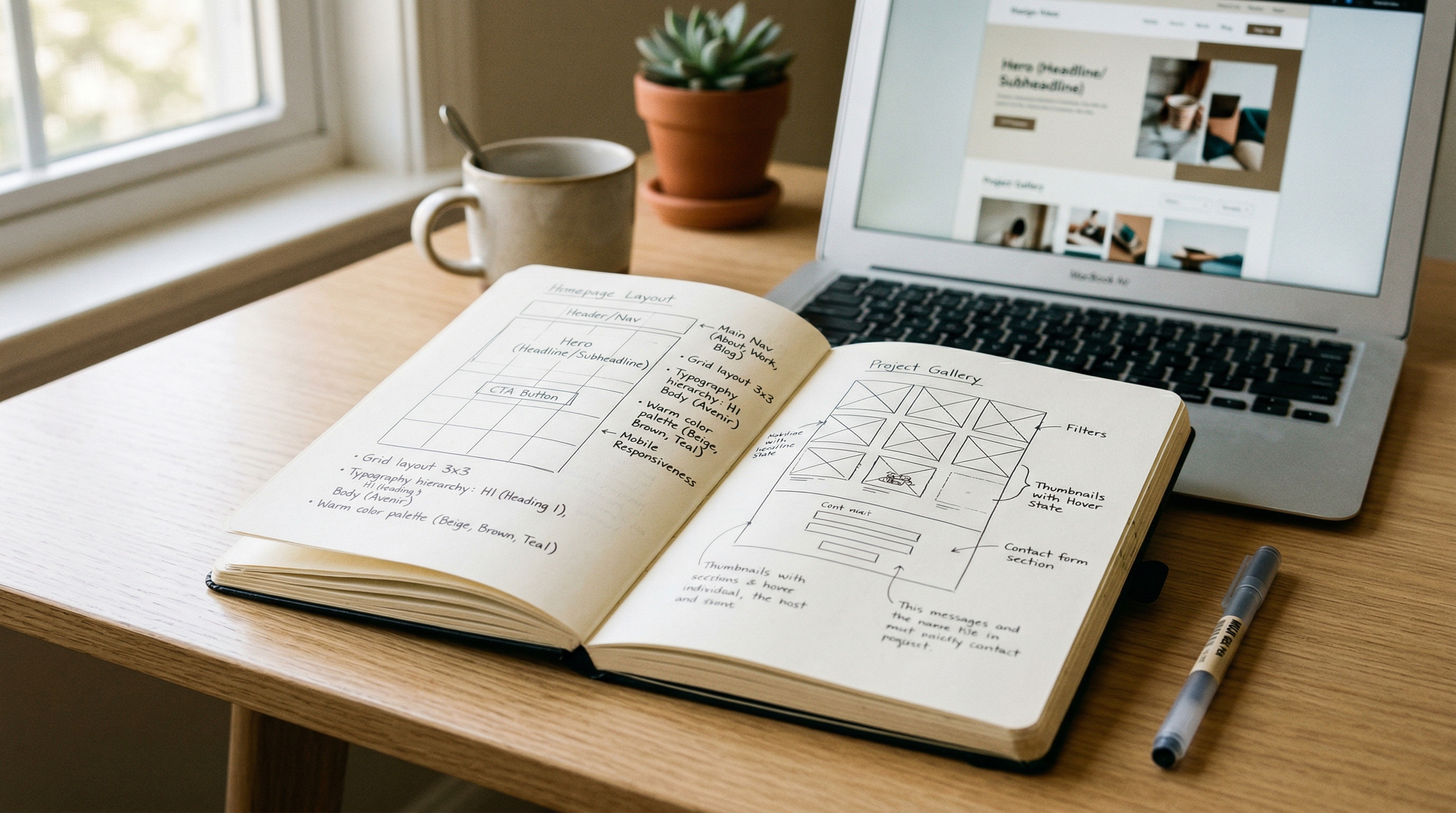 An open notebook with website wireframe sketches on a clean desk next to a laptop, soft natural lighting