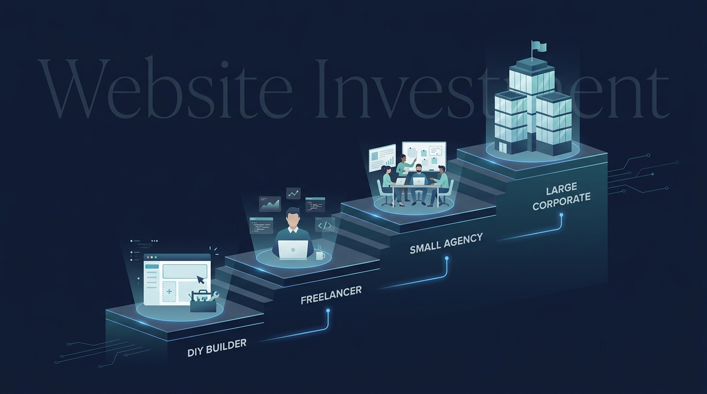 Illustration showing different tiers of website investment for small businesses, from DIY builders to professional agencies.