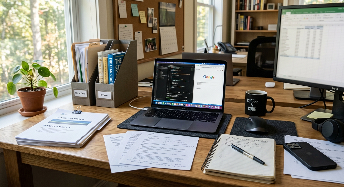 A printed website proposal document on a desk next to a laptop showing a website mockup, natural office lighting