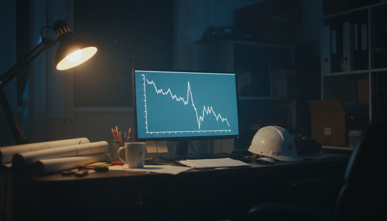 A contractor's desk at dusk with a monitor showing search traffic falling after a website redesign hurt search rankings.