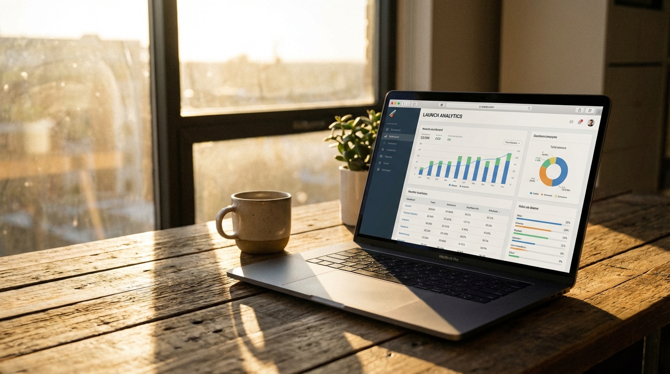 A laptop on a wooden desk showing a freshly launched website with analytics dashboards, morning sunlight streaming through a window, coffee cup nearby