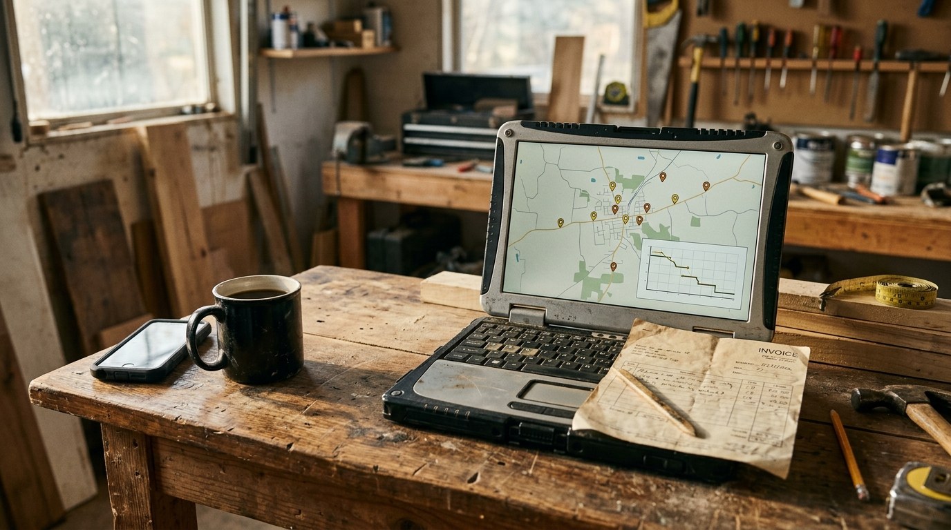 A local business owner reviewing a monthly SEO report on a laptop at a workbench, with Google Business Profile insights and a call-tracking dashboard on screen
