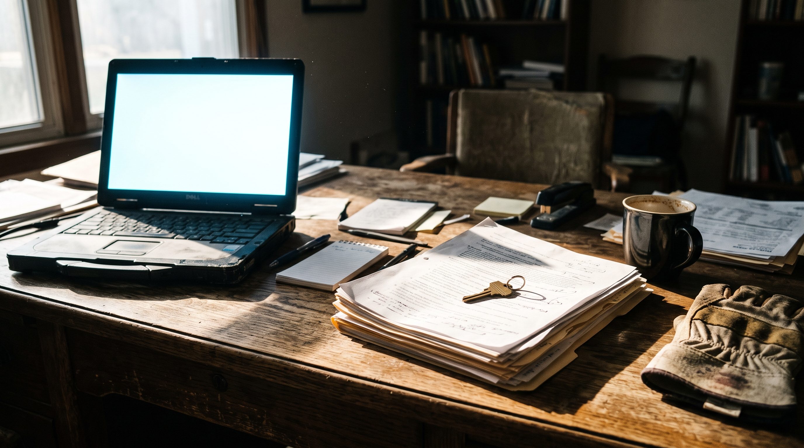 A contractor's desk with a laptop, a folder of website and hosting paperwork and a single brass key in low morning light, deciding what you own when you leave a marketing company