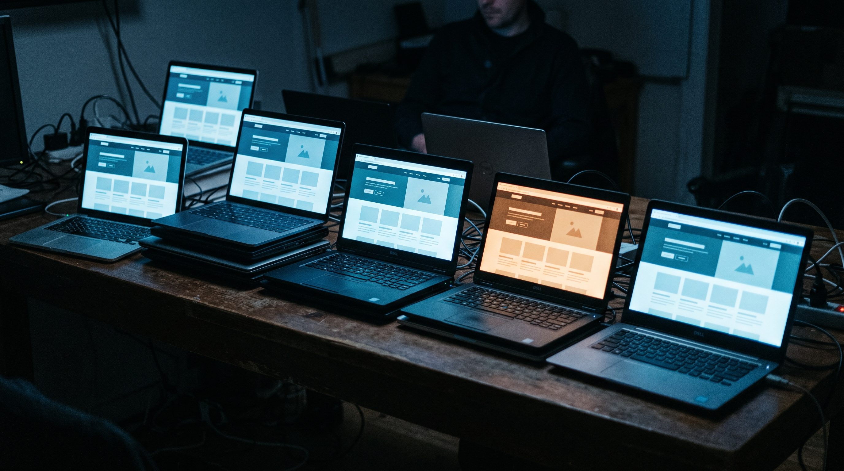 Why AI websites look the same, a grid of near-identical AI-generated website templates on a laptop