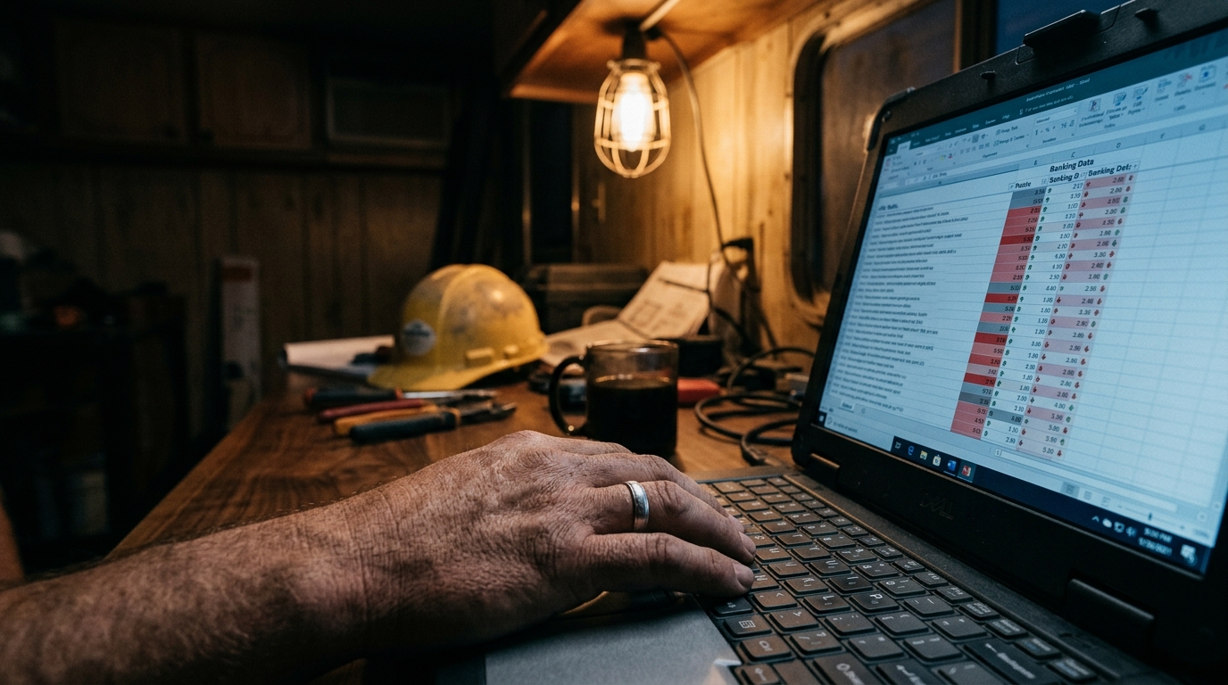 A contractor on a worksite checking search rankings on a laptop, with frustration visible on screen as page-after-page of unranked URLs scroll by.