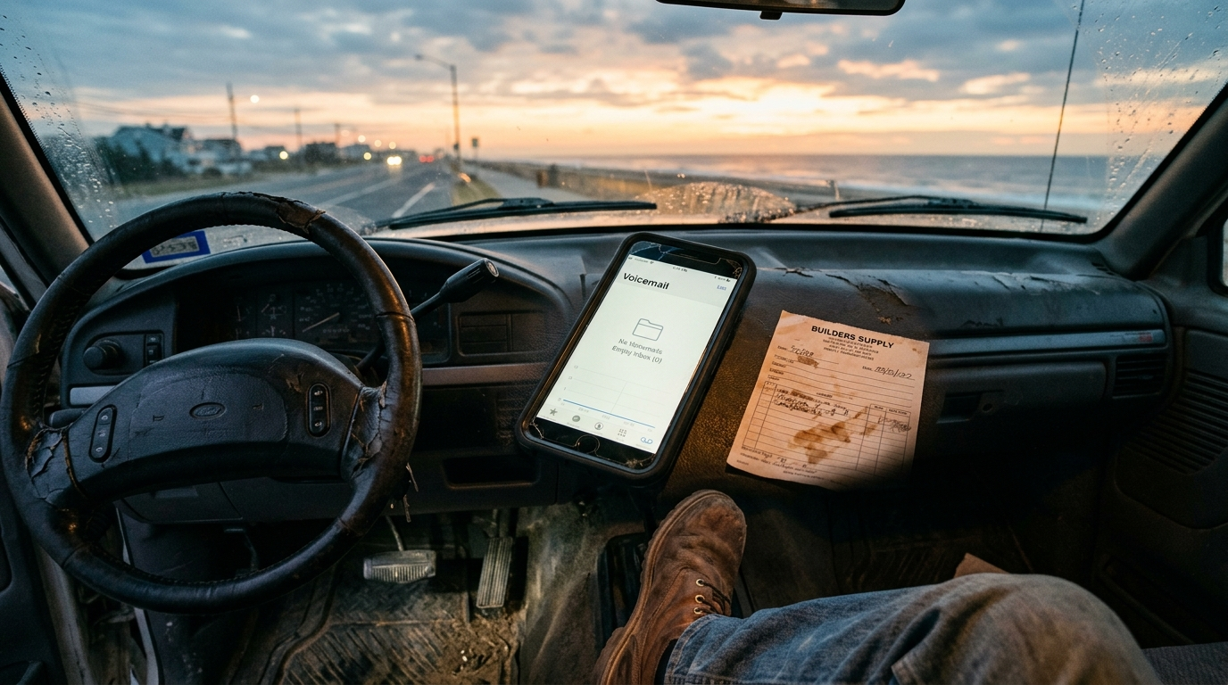 A contractor's phone on the dashboard of a work truck at dawn, showing an empty inbox and a flatlining analytics chart — a contractor website not getting leads.