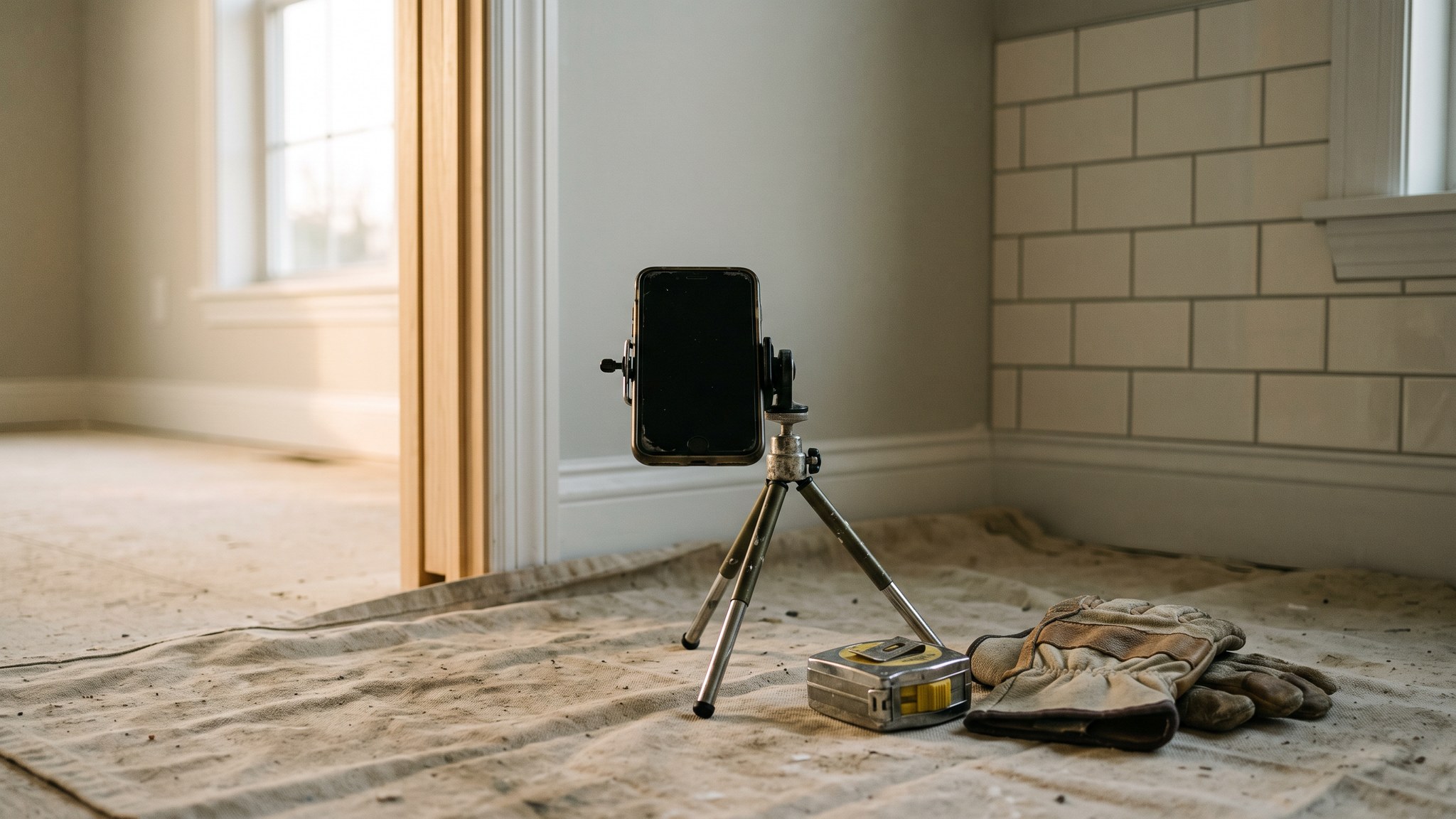A smartphone on a small tripod photographing a just-finished interior renovation in natural window light, showing a contractor documenting real work instead of using a generated image