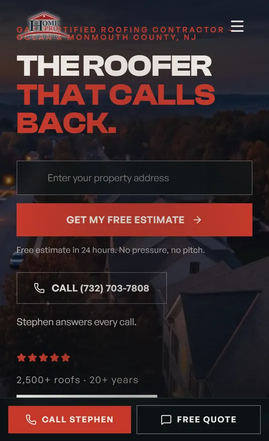 The first screen of Home Pro Remodeling's homepage, marked up in pencil with numbered notes.