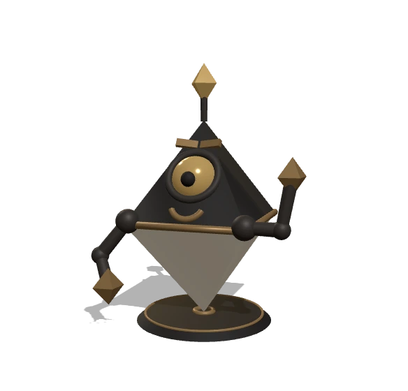 Volt, the Current Digital mascot — a small diamond-shaped figurine in ink and bone with a glowing gold eye